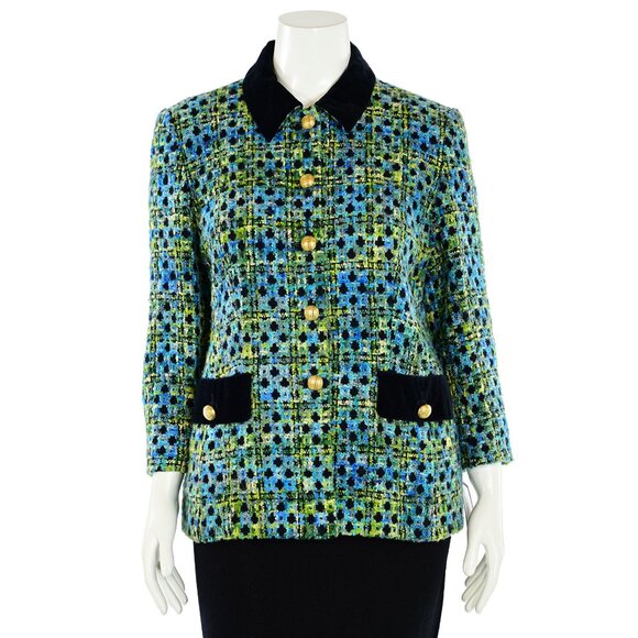 Escada Jackets & Blazers - Vintage ESCADA Boucle Jacket sz 44 / 14  Aqua/Green Multi Check